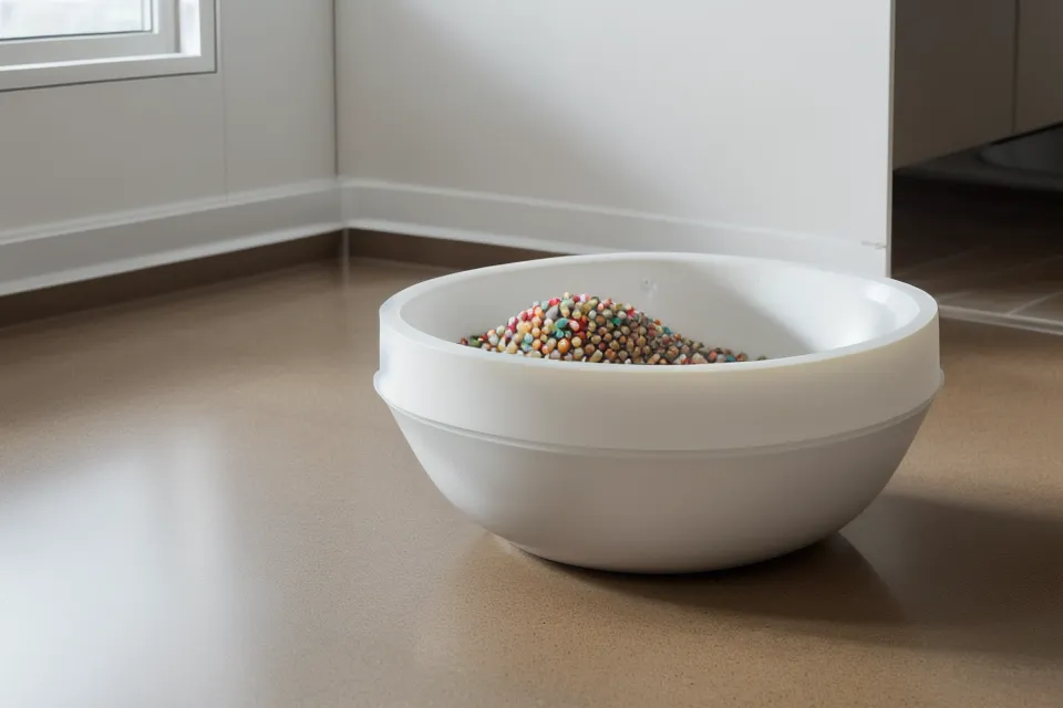 A simple gravity pet feeder alongside a high-tech automated feeder for redundancy.
