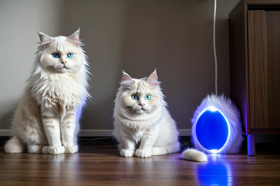 A ragdoll mix cat sitting by an automatic feeder in a dark room with a blue status light.