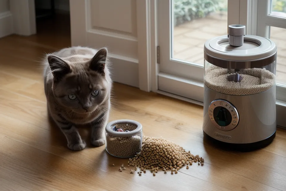 Close-up of a cat paw reaching into the food chute of an automatic feeder.