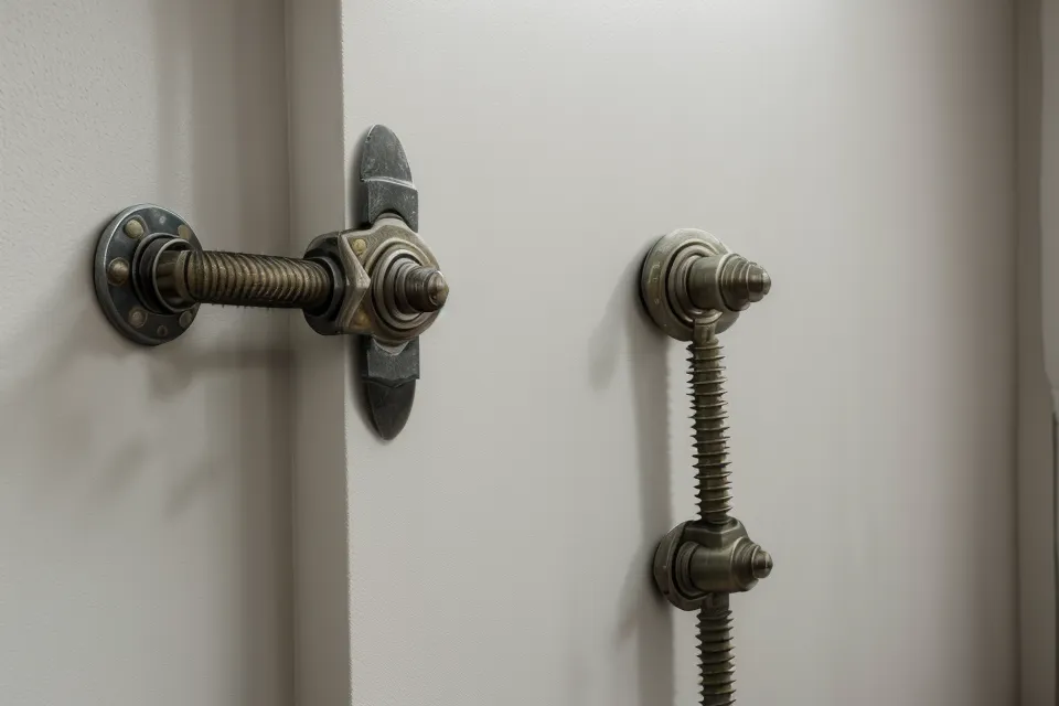 Close up of metal mounting brackets and wall anchors securing a wooden shelf