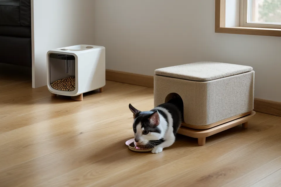 Tiered wall steps positioned above an automated pet feeding station on floor