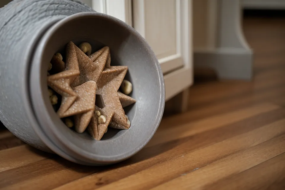 Star-shaped cat kibble stuck inside the dispensing mechanism of a feeder