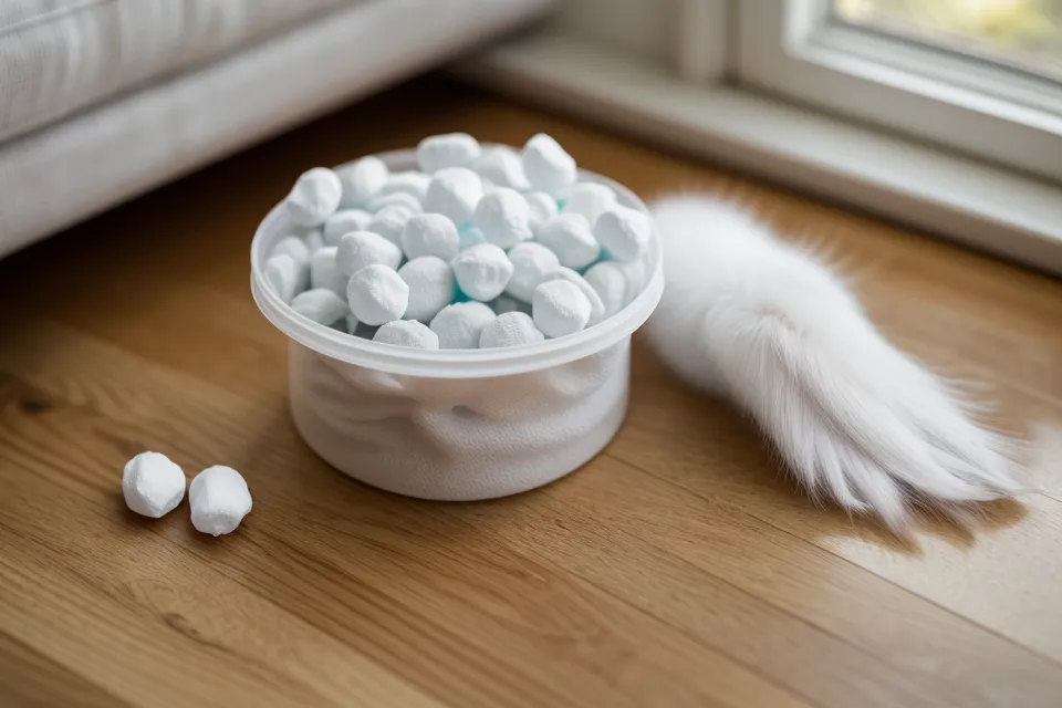 Changing a moisture-absorbing desiccant packet in the lid of a pet feeder
