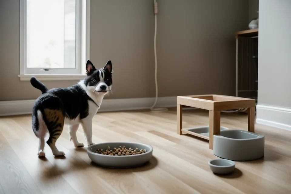 Close-up of a stainless steel cat bowl with kibble in an automatic feeder.