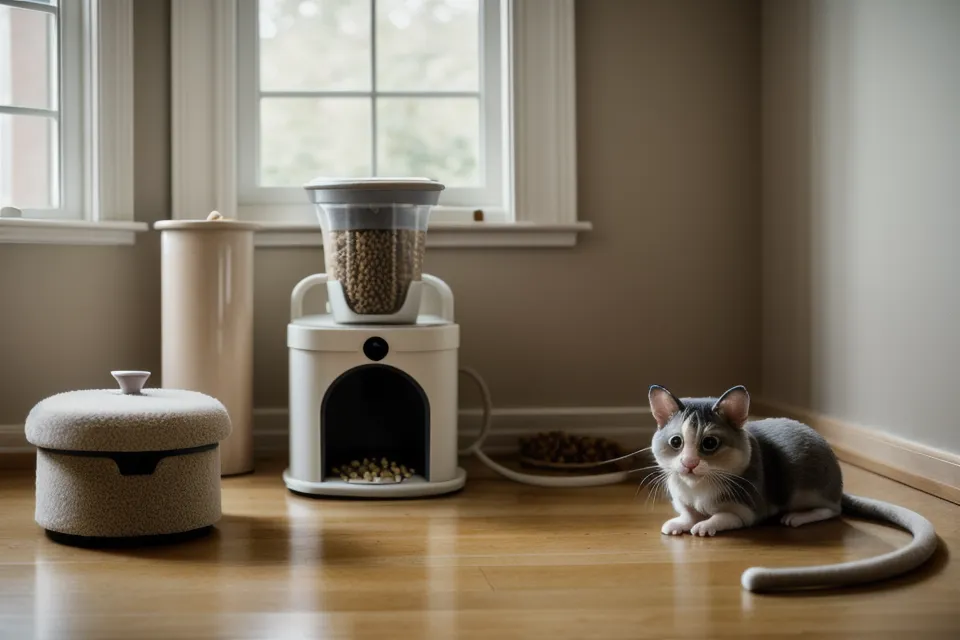 Smartphone screen showing a successful pet feeding notification next to a cat's paw.